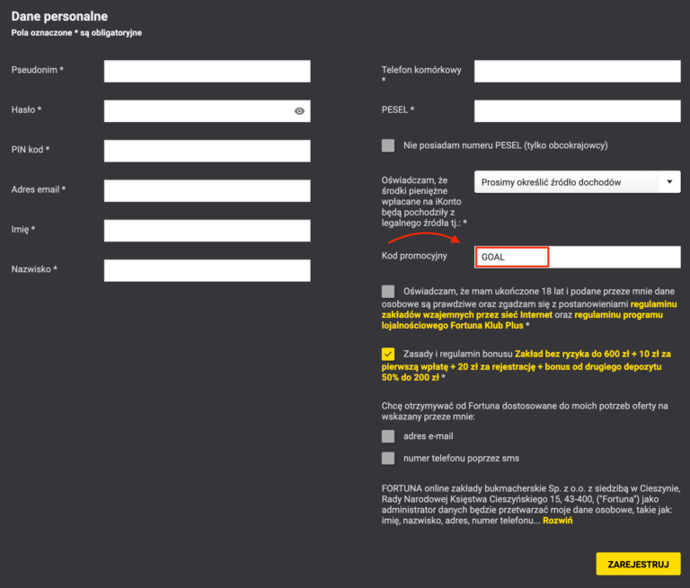 Fortuna rejestracja krok 3