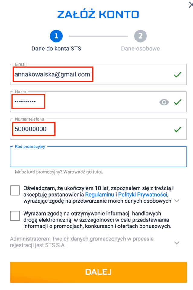STS rejestracja krok 2