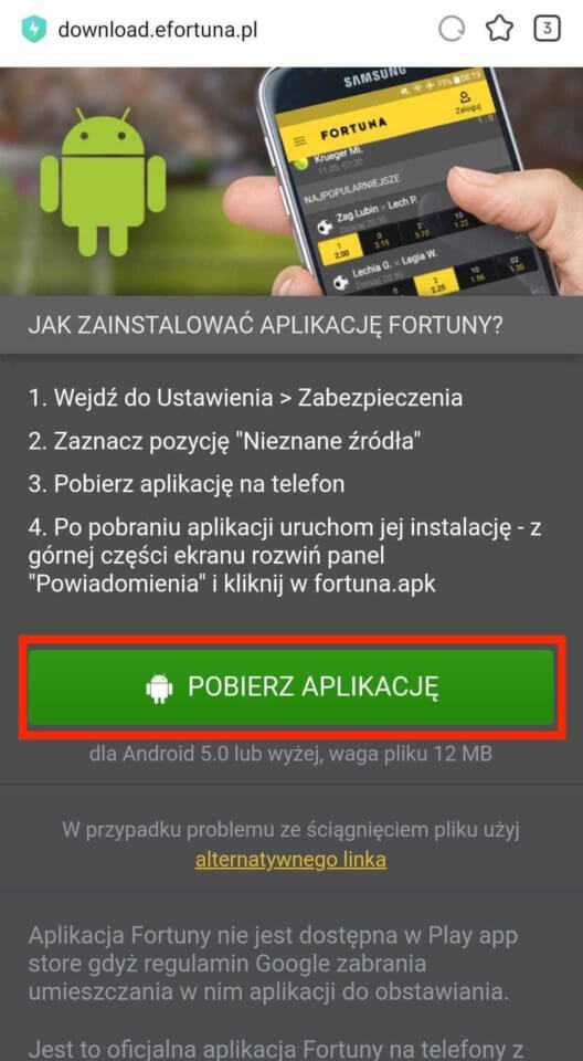 Fortuna aplikacja android instalacja