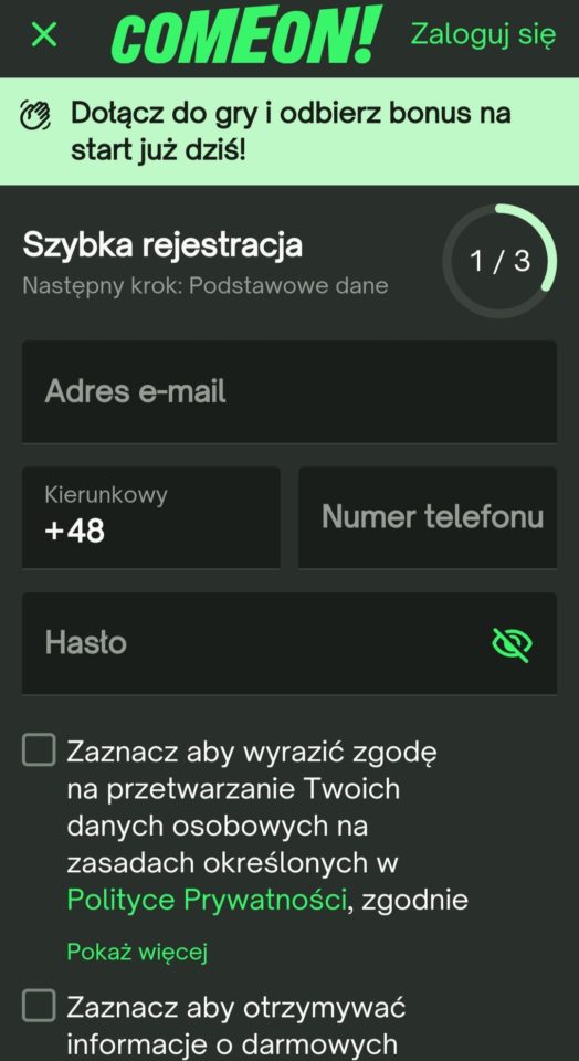 szybka rejestracja comeon