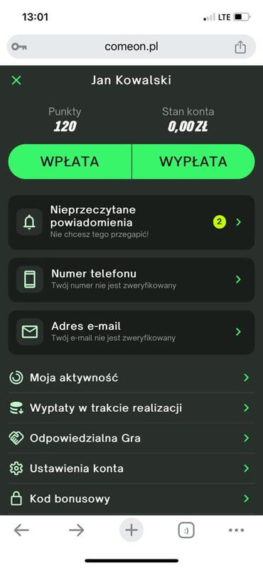 comeon wpłata