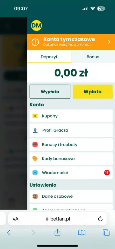 weryfikacja tożsamości w Betfan