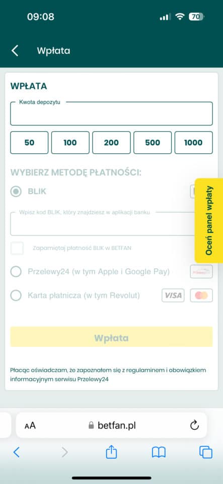 wybór metody płatności w Betfan