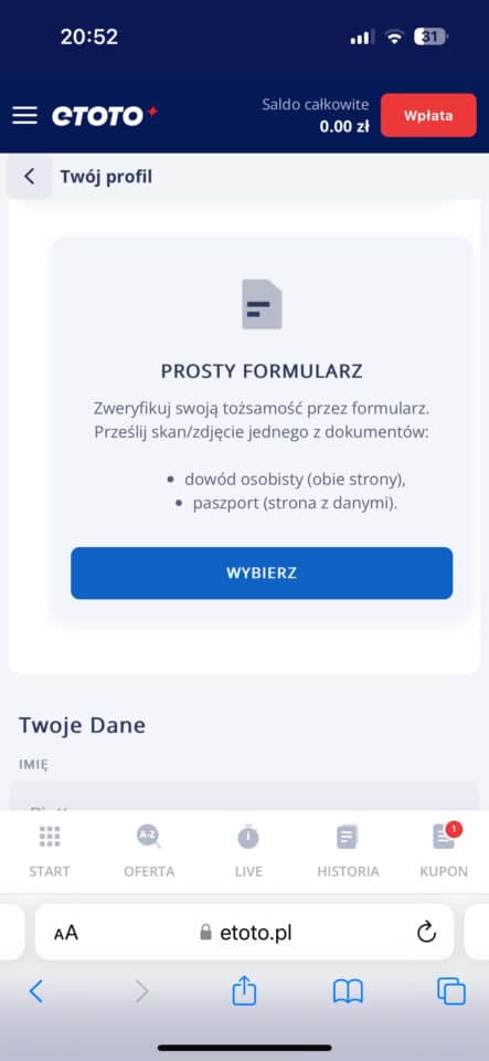 weryfikacja u bukmachera ETOTO przez formularz