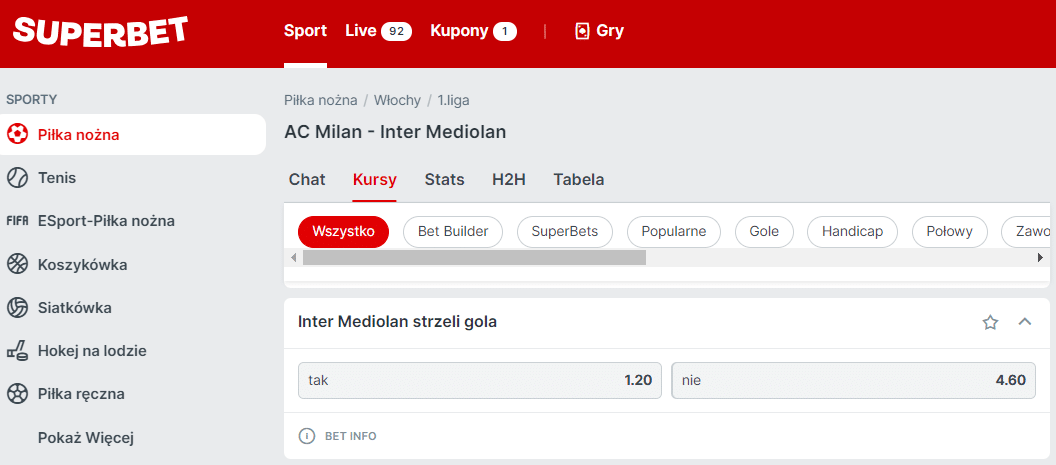 Superbet - typ na gol Interu Mediolan