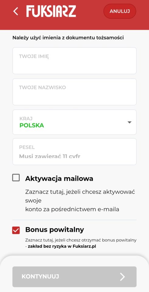 bonus powitalny za rejestrację w fuksiarzu