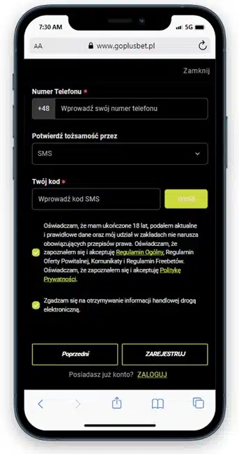 Rejestracja GO+bet 