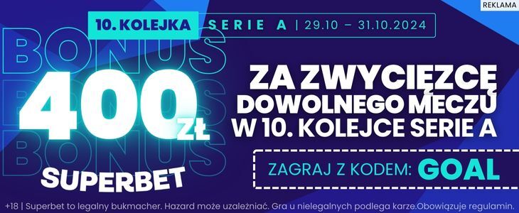 10. kolejka Serie A: 400 zł bonusu za typ na zwycięzcę meczu