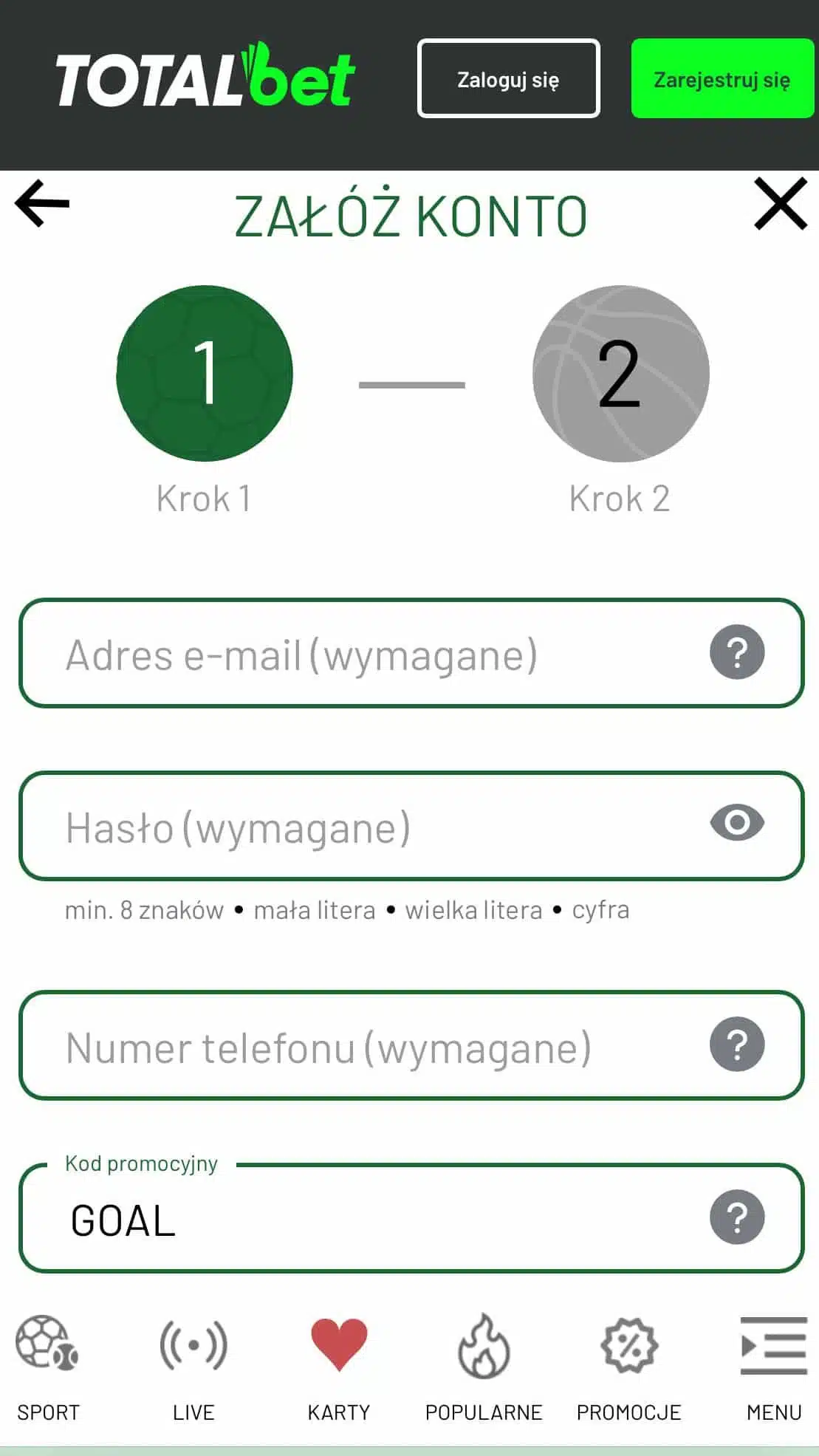 Totalbet rejestracja z kodem promocyjnym GOAL
